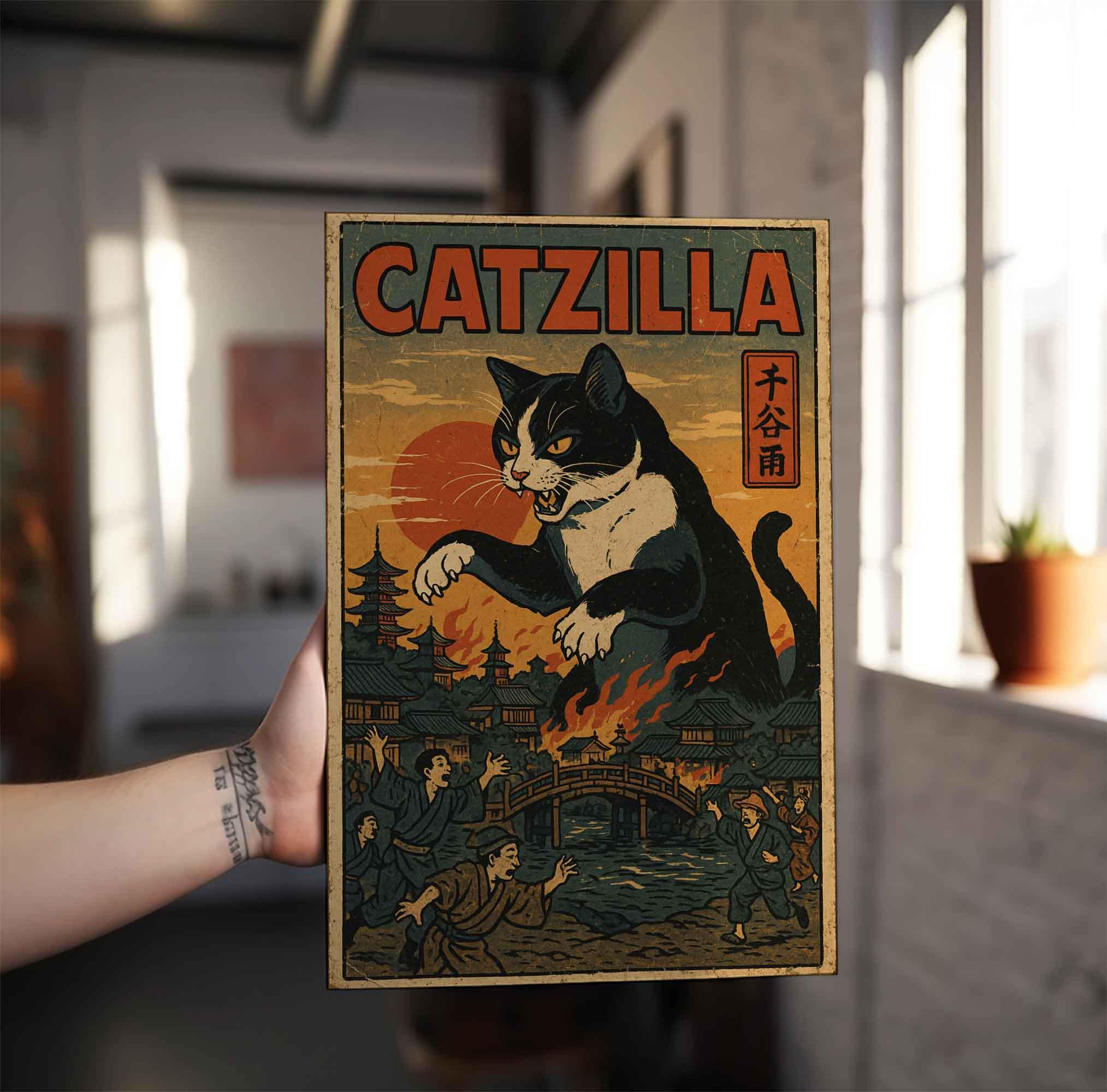 Catzilla Retro Art Print wall art