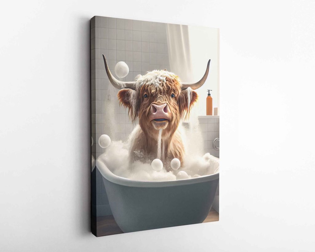Highland Cow in Hot Tub Canvas Wall Art print  f Bathroom, Stretched Animal Canvas Artwk as Home Dec - Image 5