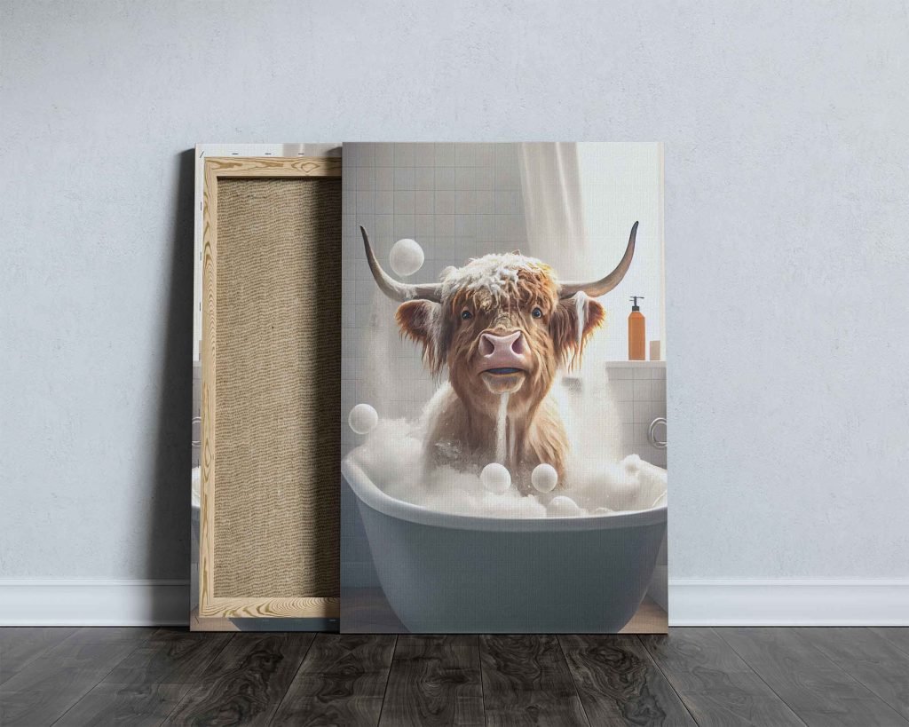 Highland Cow in Hot Tub Canvas Wall Art print  f Bathroom, Stretched Animal Canvas Artwk as Home Dec - Image 7