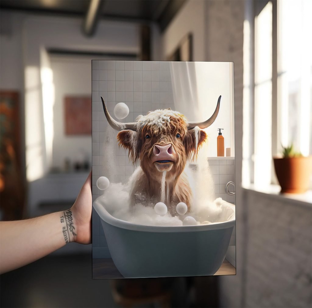 Highland Cow in Hot Tub Canvas Wall Art print  f Bathroom, Stretched Animal Canvas Artwk as Home Dec - Image 8