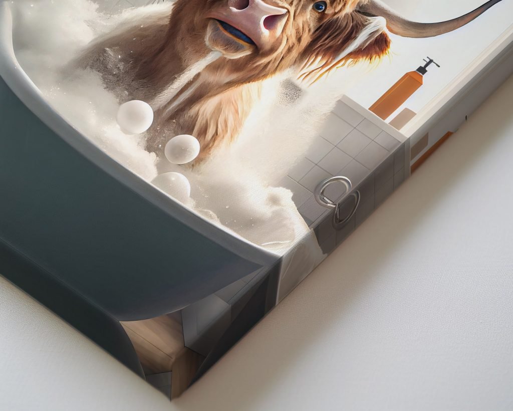 Highland Cow in Hot Tub Canvas Wall Art print  f Bathroom, Stretched Animal Canvas Artwk as Home Dec - Image 3