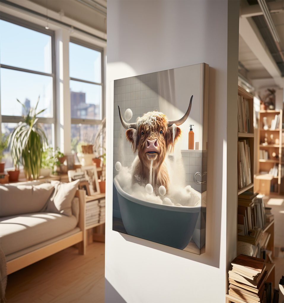 Highland Cow in Hot Tub Canvas Wall Art print  f Bathroom, Stretched Animal Canvas Artwk as Home Dec - Image 6