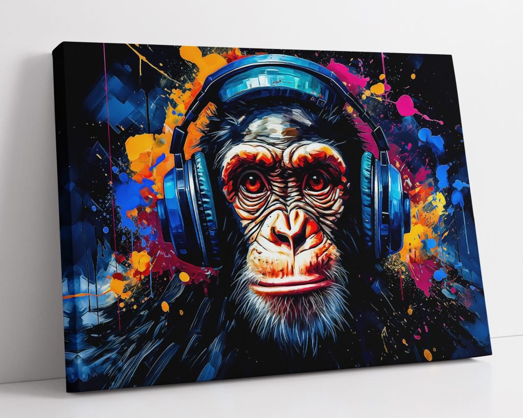 Monkey Music Headphones Canvas Wall Art print, Cool Chimpanzee Illustration, Perfect Gift for Animal Lovers - Image 3