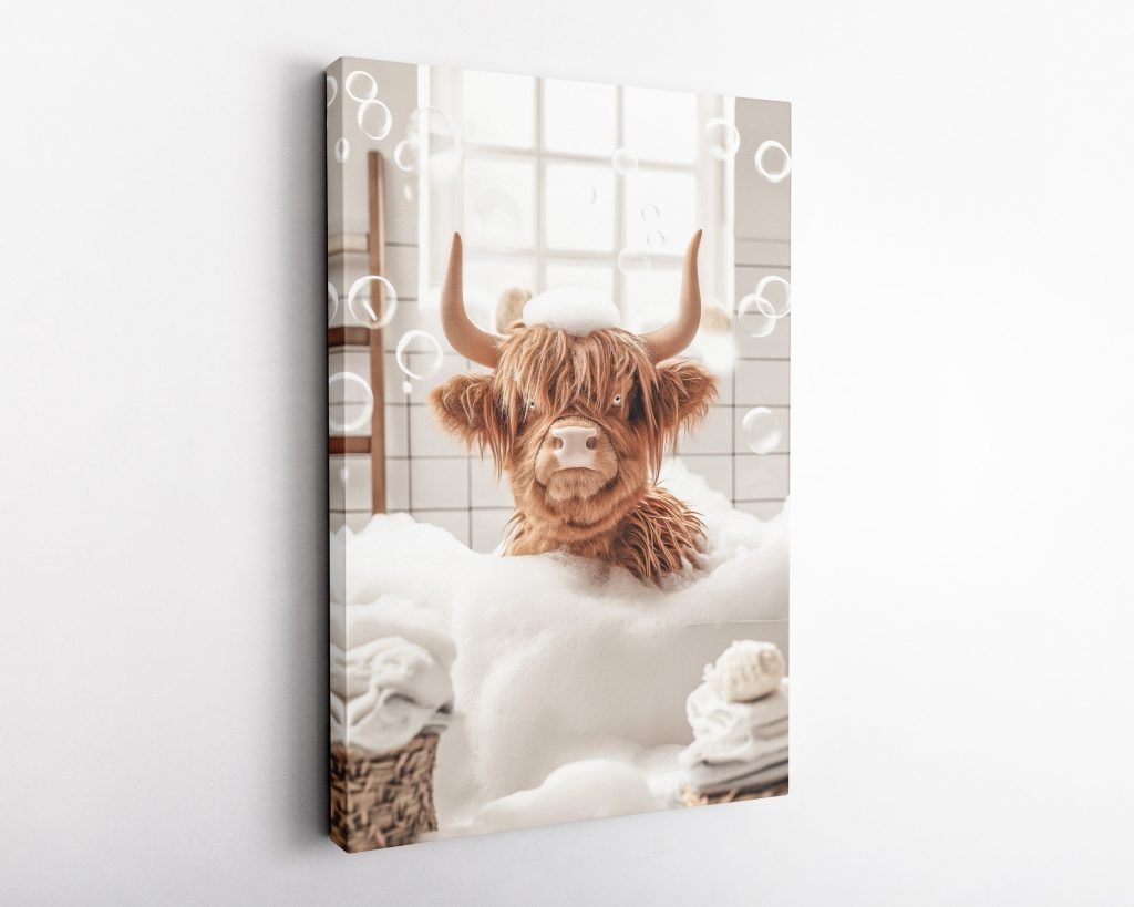 Highland Cow in Hot Tub, Canvas Wall Art print for Bathroom, Animal Canvas Artwork as Home Decor - Image 3