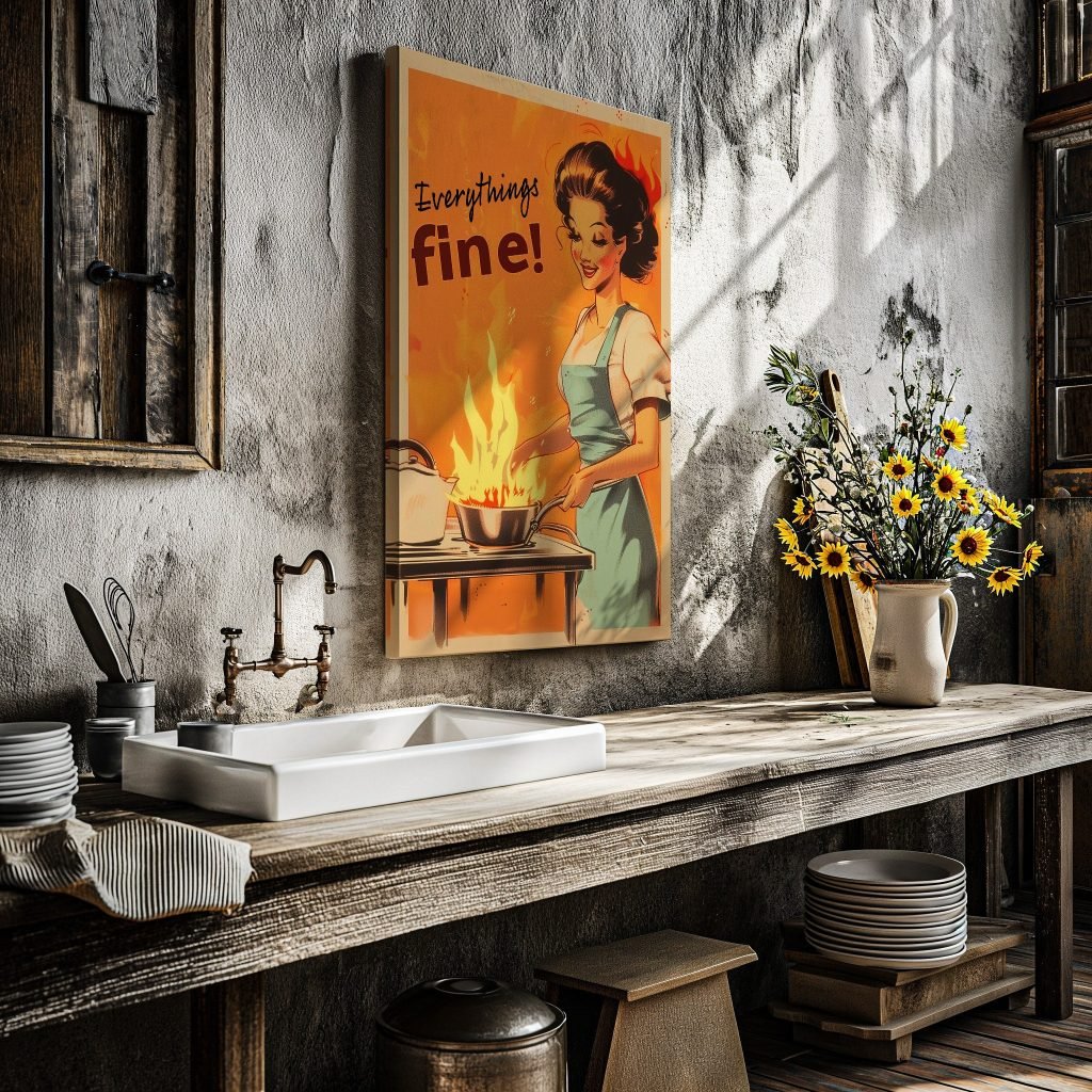 Retro Kitchen Canvas Art Print - 'Everything's Fine' Kitchen Humor Canvas - Funny Home Decor - Cooking Wall Art - Image 5