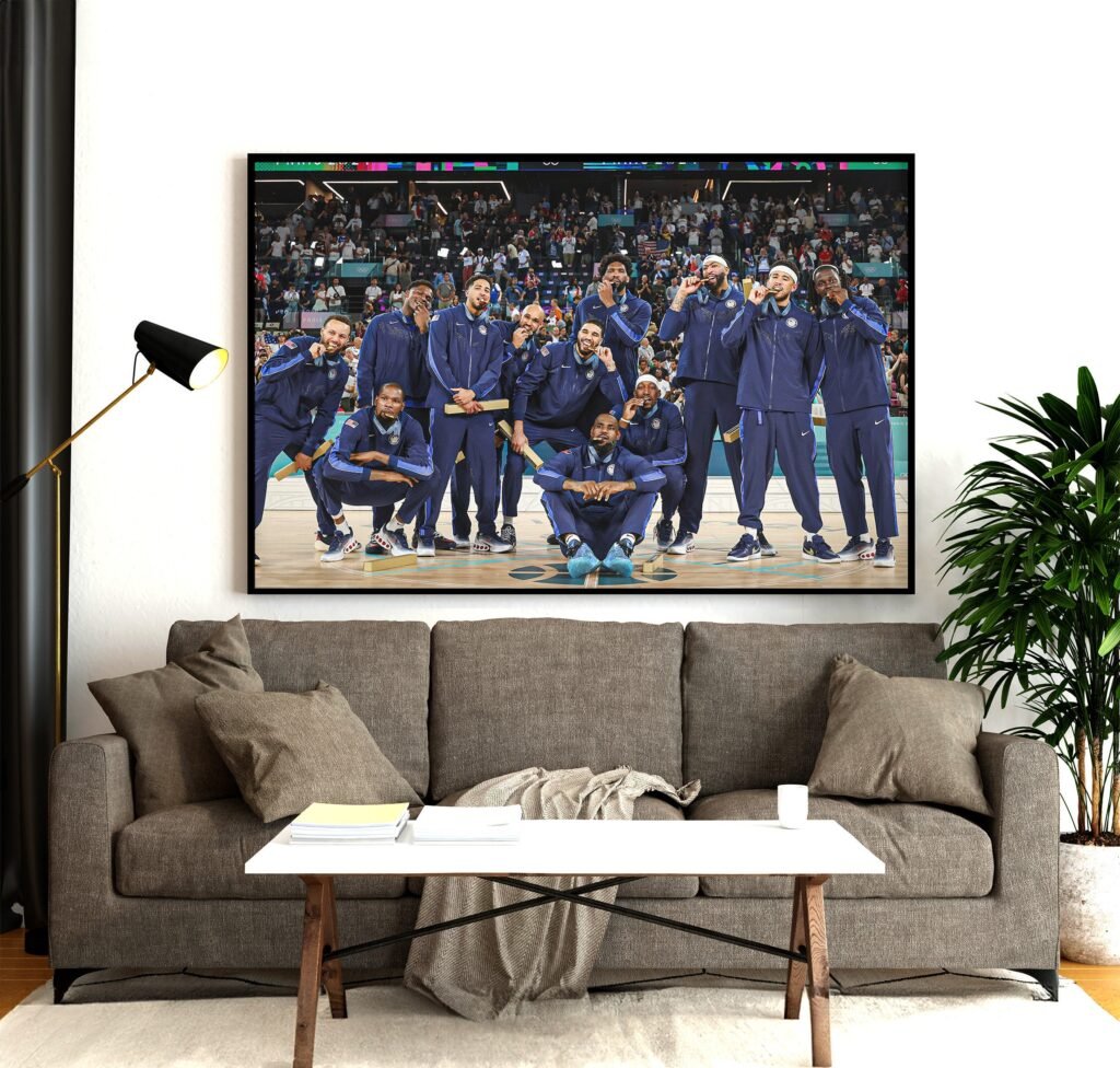 Lebron James and Steph Curry, USA basketball gold on Paris Olympics 2024 poster, canvas wall art, iconic sports poster - Image 7