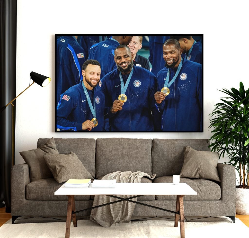 Lebron James, Steph Curry, Kevin Durant poster, USA Paris Olympics 2024 Gold Poster Print, NBA Canvas Wall Art - Image 5