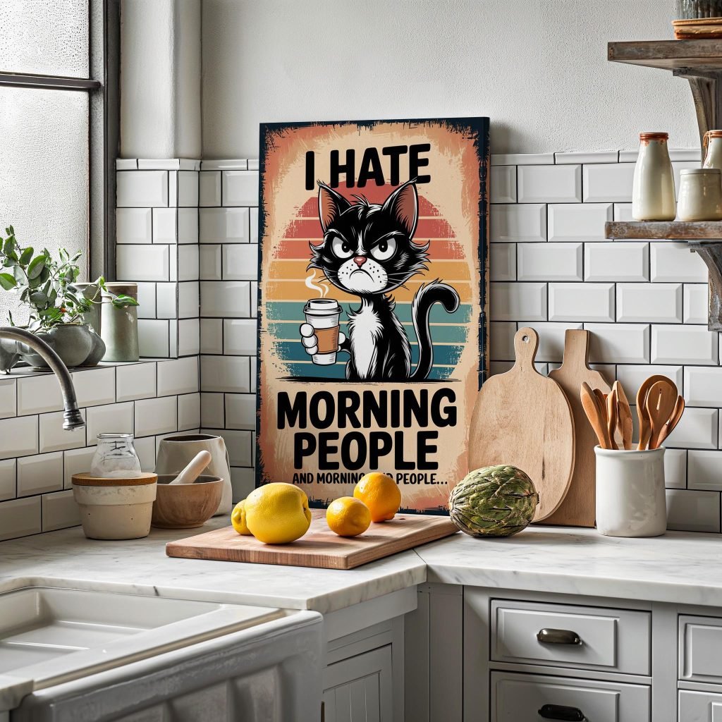 Funny Cat Poster Print - "I Hate Morning People" Coffee Lover Canvas Wall Art, Humorous Cat Decor, Gift for Cat and Coffee Lovers - Image 8