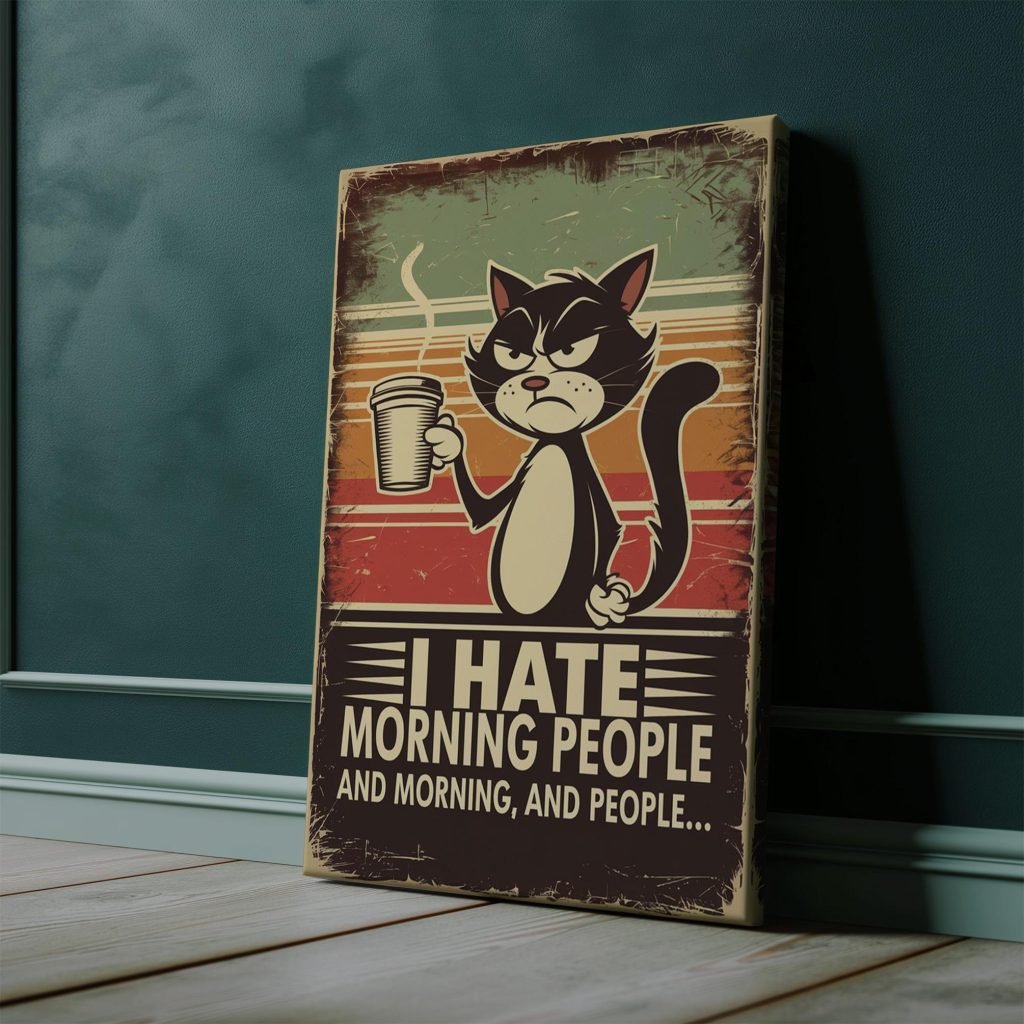 Cat Coffee Canvas Wall art Print - Funny "I Hate Morning People" Poster print for Cat and Coffee Lovers - Image 3