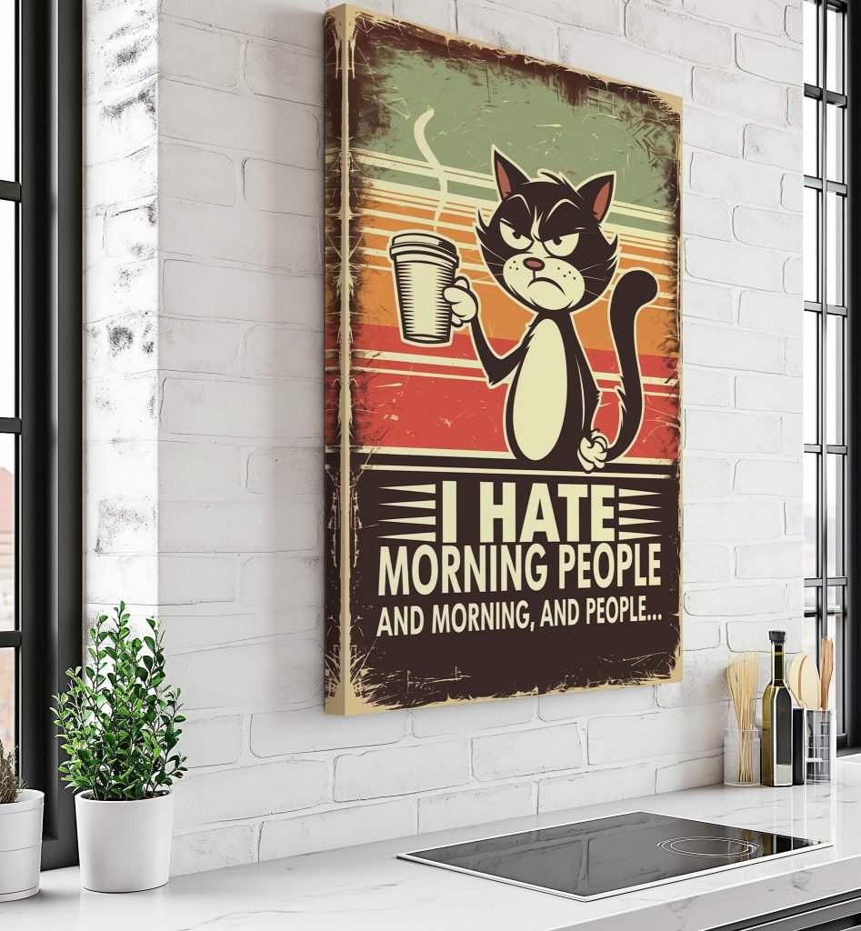 Cat Coffee Canvas Wall art Print - Funny "I Hate Morning People" Poster print for Cat and Coffee Lovers - Image 4