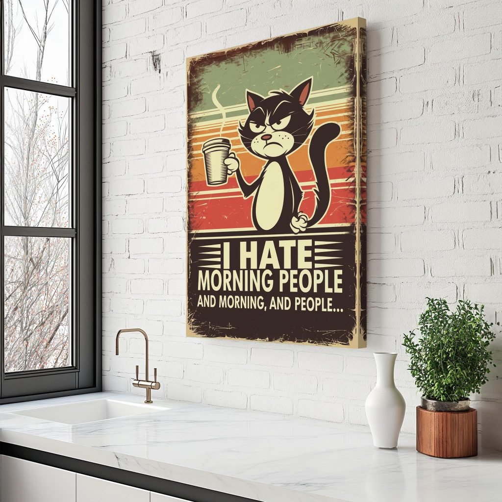 Cat Coffee Canvas Wall art Print - Funny "I Hate Morning People" Poster print for Cat and Coffee Lovers - Image 5