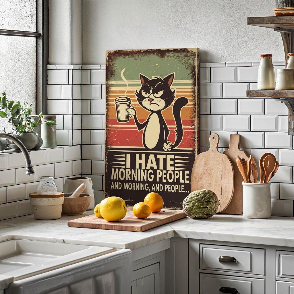 Cat Coffee Canvas Wall art Print - Funny "I Hate Morning People" Poster print for Cat and Coffee Lovers - Image 6