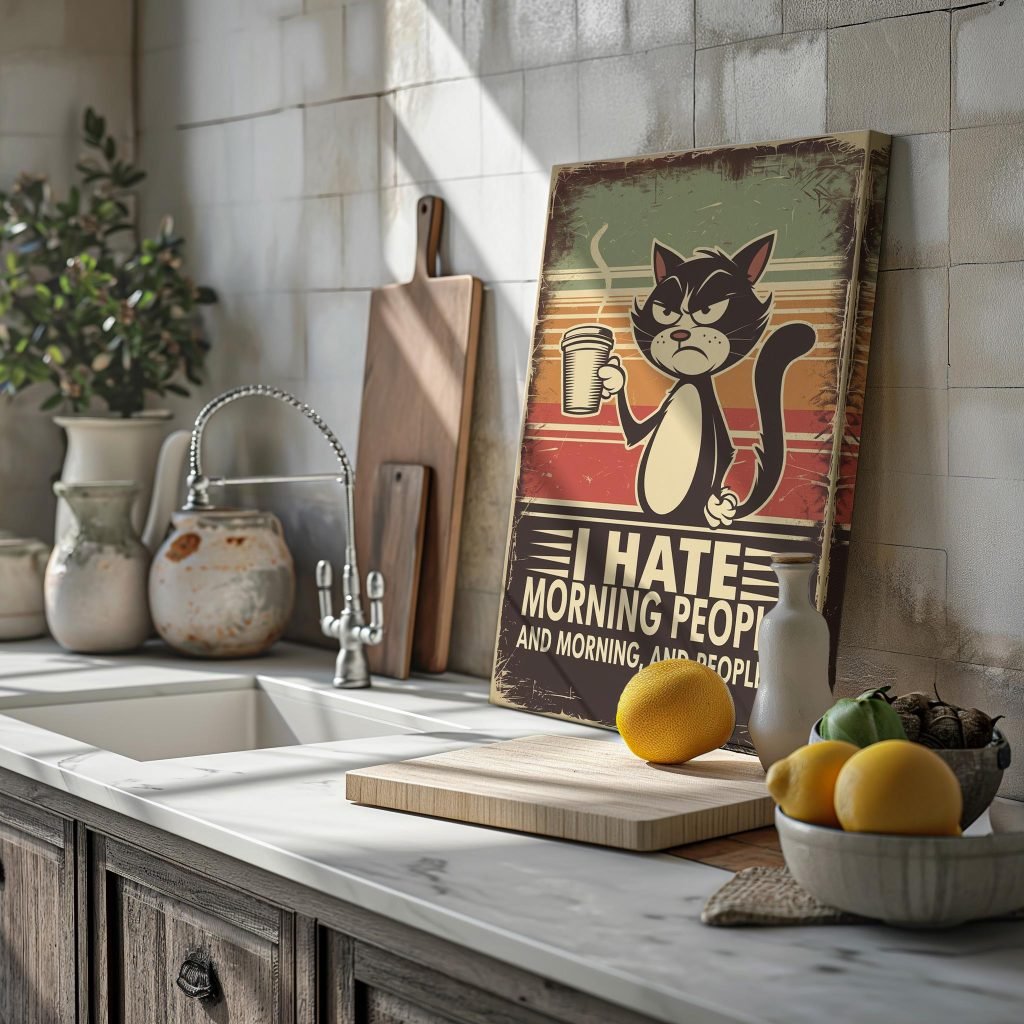 Cat Coffee Canvas Wall art Print - Funny "I Hate Morning People" Poster print for Cat and Coffee Lovers - Image 7