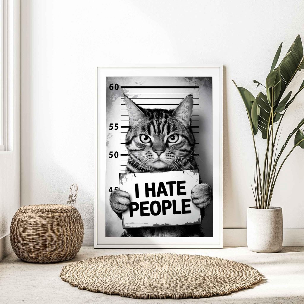 Funny Cat Mugshot Canvas Wall Art - "I Hate People" Humorous Pet Lover poster print - Image 3